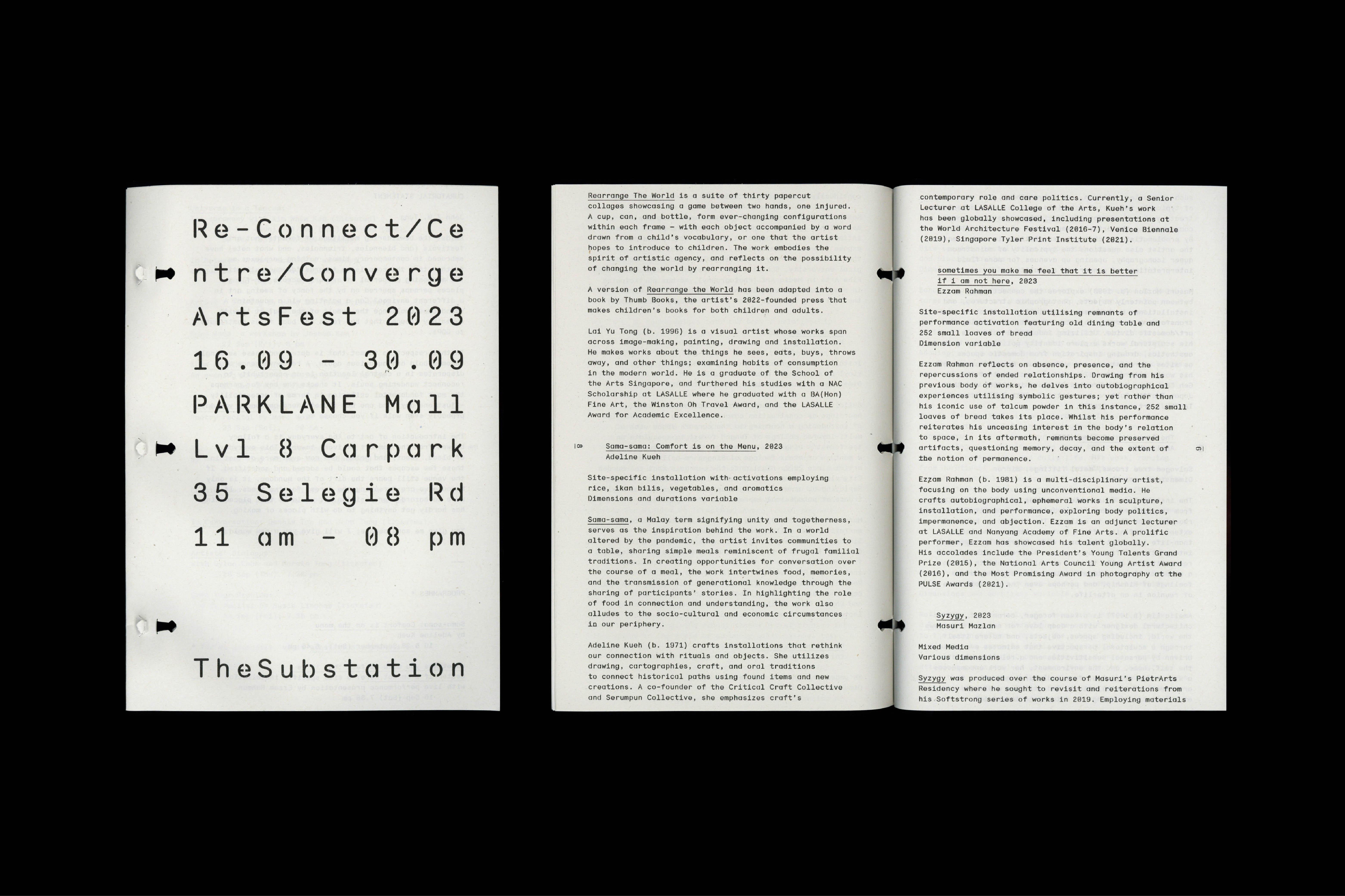 914 Re Connect Centre Converge Arts Fest (exhibition handout), for John Tung and Substation